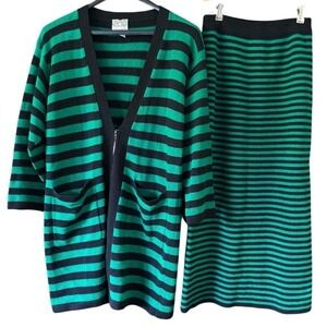 Crescendo 80's Vintage Lambswool Knit Cardigan Sweater Skirt Set Green‎ Black S